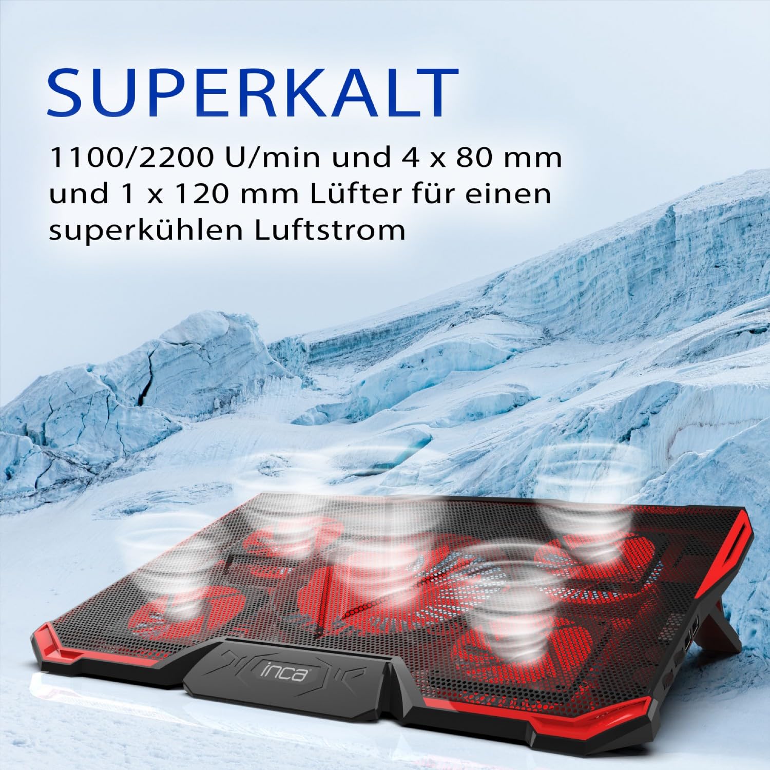inca INC-611GMS - Laptop Kühler, Laptop Kühlpads für 14-17 Zoll Notebook, 5 Lüfter mit LEDs, 2200 RPM, 5 Höheneinstellungen, Gaming Cooler, Schneller Kühlvorgang