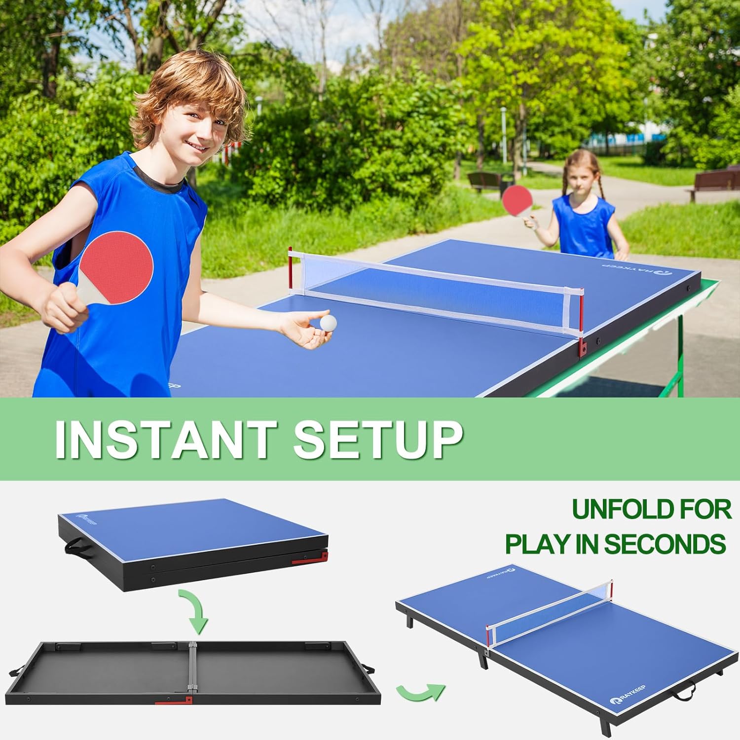 RAYKEEP Mini Foldable Table Tennis Table, 48" Portable Ping Pong Game Table for Indoor & Outdoor, Table Tennis Table Set w/Net, 2 Paddles, 2 Balls, No Assembly