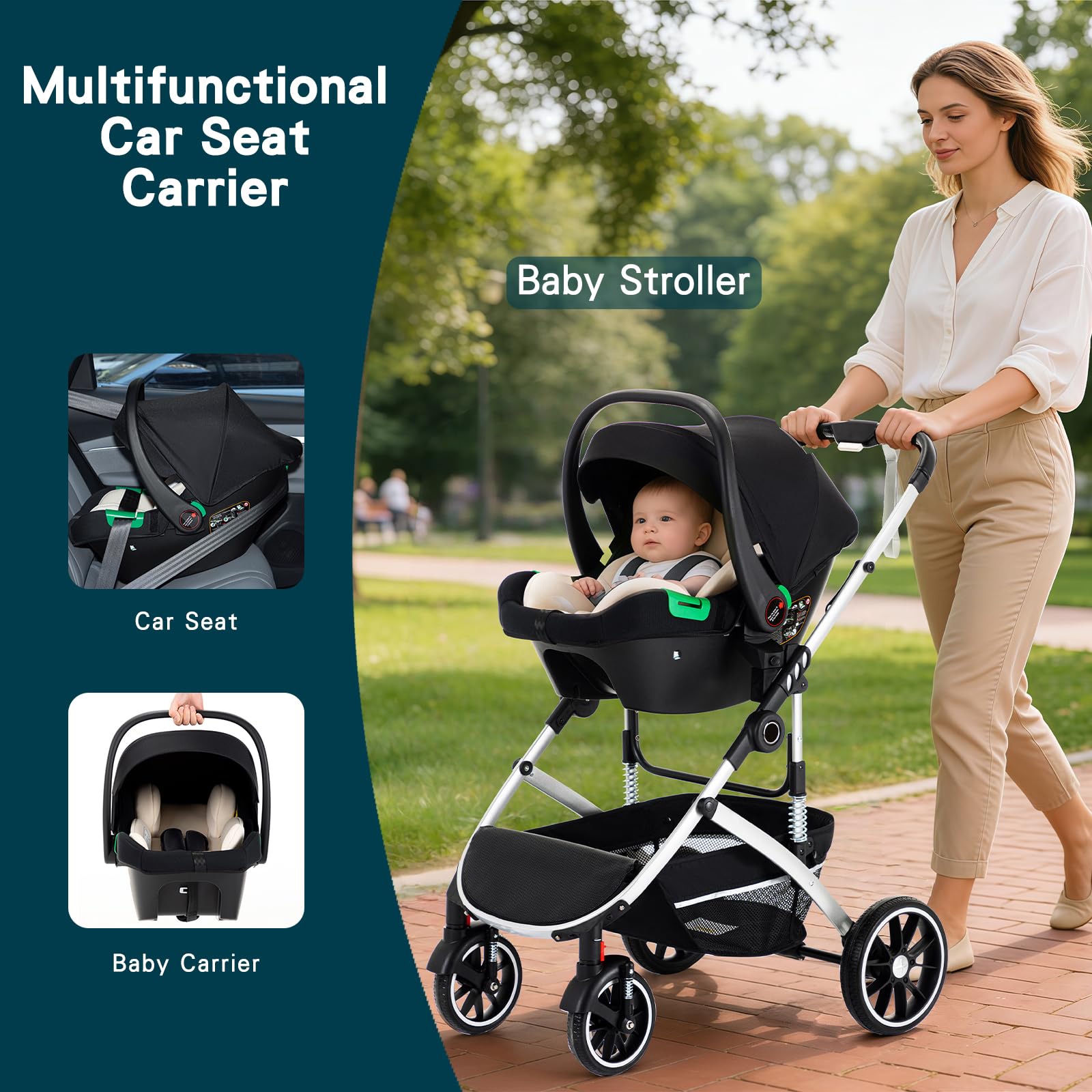 3 en 1 Cochecito de Bebé, Sistema de Viaje, Carrito Bebé Plegable con Un Solo Clic, Silla de Paseo, Capazo y Asiento de Cochecito con Mosquitera, Silla de Coche Alto para Recién Nacido 0-4Años