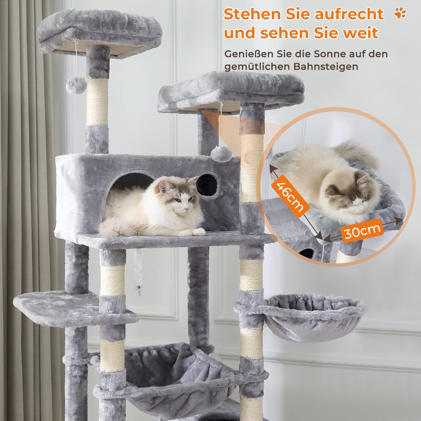 MSmask Kratzbaum groß 193 cm hoch, XXL kratzbaum Grosse Katzen stabil mit 2 Höhlen, 2 Plattformen, Hängematte, katzenbaum mit Mehreren Ebenen, katzenkratzbaum deckenhoch