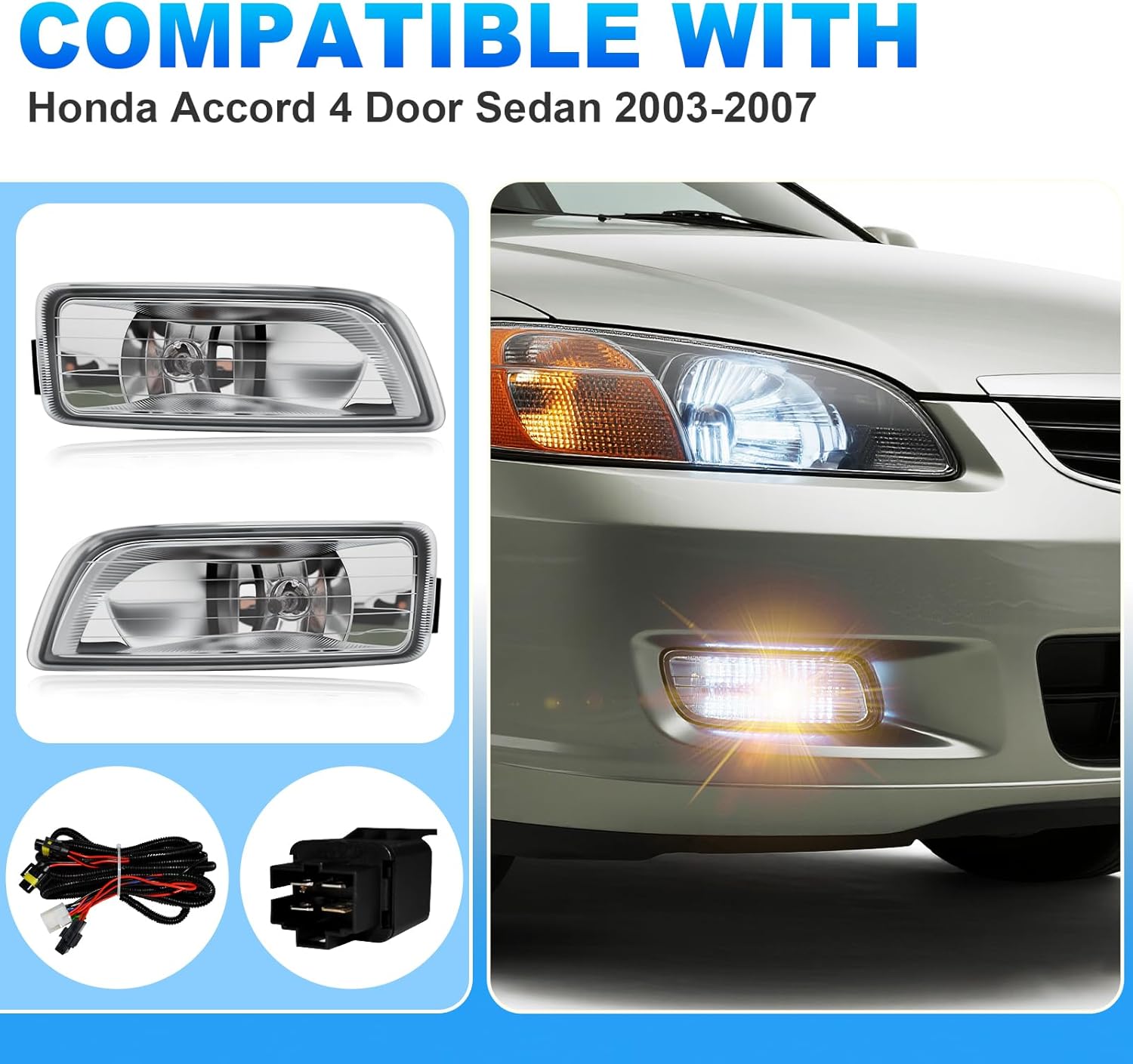 Fog Lights Assembly Compatible with 2003-2007 Honda Accord 4Door Sedan 2004-2008 Acura TL Fog Light Replacement with Halogen Bulbs Clear Lens Switch Harness Kit