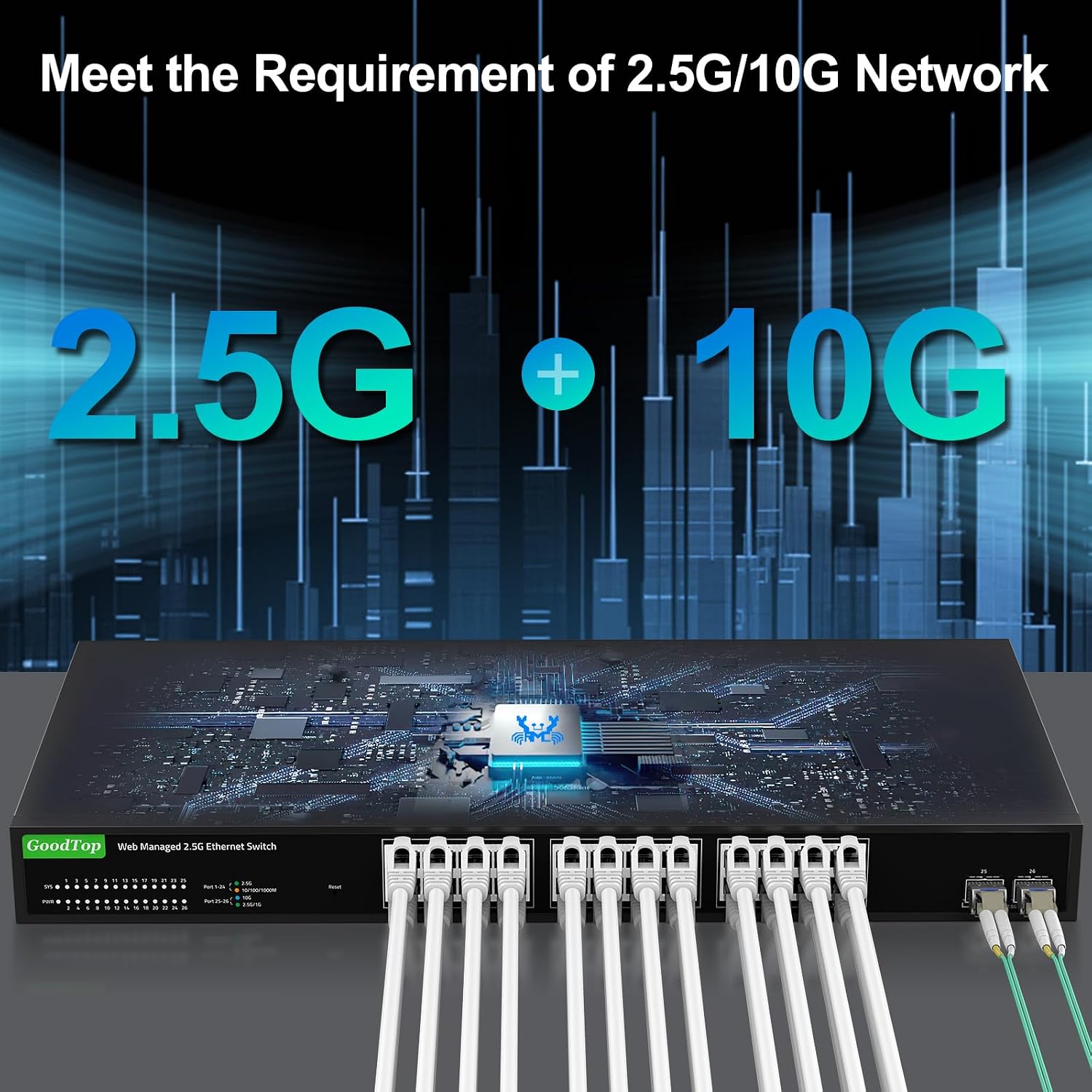 24 Port 2.5Gb Web Managed Switch,24 x 2.5G Port,2 x 10G SFP+,160Gbps Bandwidth Smart Managed Network Switch with LACP/VLAN/QoS/DHCP Client,Metal Housing,Ethernet Switch,1U Rack Mounted