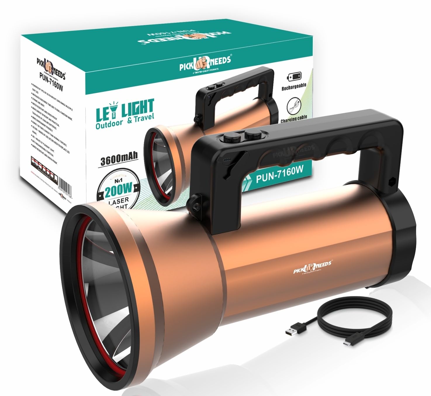 Pick Ur Needs Metal Body Rechargeable LED Flashlight 200 Watt Laser Light 3600mAh Lithium Battery Long Battery Backup Outdoor & Travel Torch Light (Copper)-picture-15