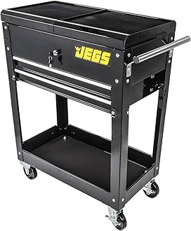 JEGS Heavy-Duty Tool Box Cart | 220 LBS Capacity | Uses Four 4� Caster Wheels | Includes 2 Keyes and 6 Drawer Liners | Black with JEGS Logo | 2 Locking Drawers | Sliding Top