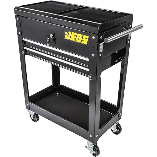 JEGS Heavy-Duty Tool Box Cart | 220 LBS Capacity | Uses Four 4� Caster Wheels | Includes 2 Keyes and 6 Drawer Liners | Black with JEGS Logo | 2 Locking Drawers | Sliding Top