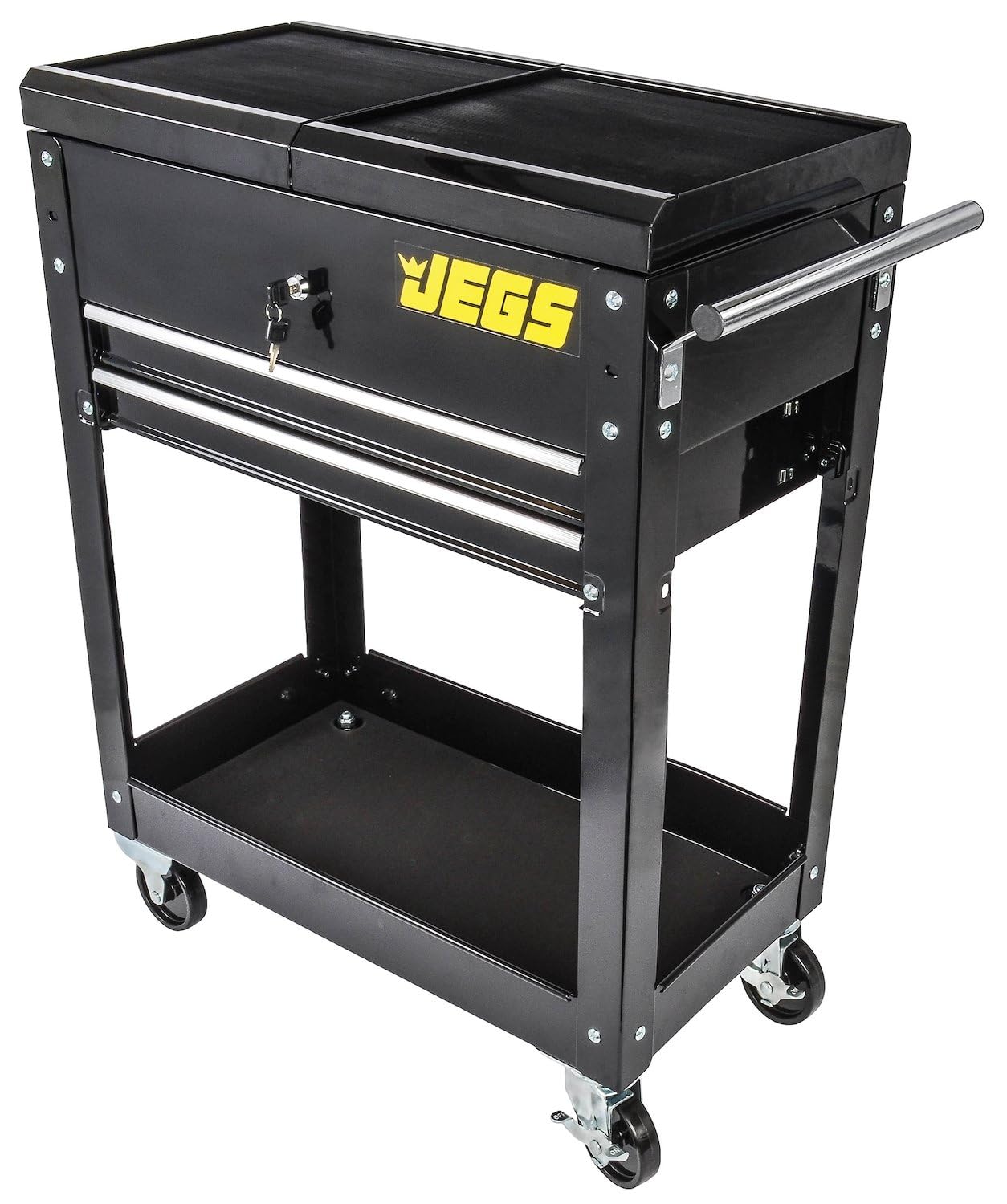 JEGS Heavy-Duty Tool Box Cart | 220 LBS Capacity | Uses Four 4� Caster Wheels | Includes 2 Keyes and 6 Drawer Liners | Black with JEGS Logo | 2 Locking Drawers | Sliding Top