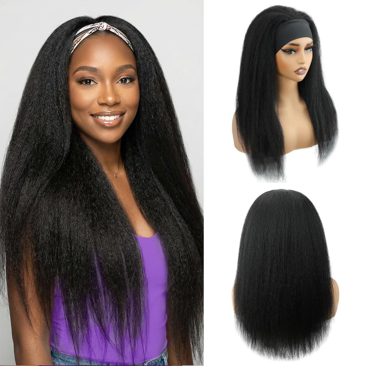 Headband Wig Human Hair 22 Inch Kinky Straight Headband Wigs for Black Women Yaki Straight Glueless Human Hair Machine Made None Lace Front Wigs Natural Black color