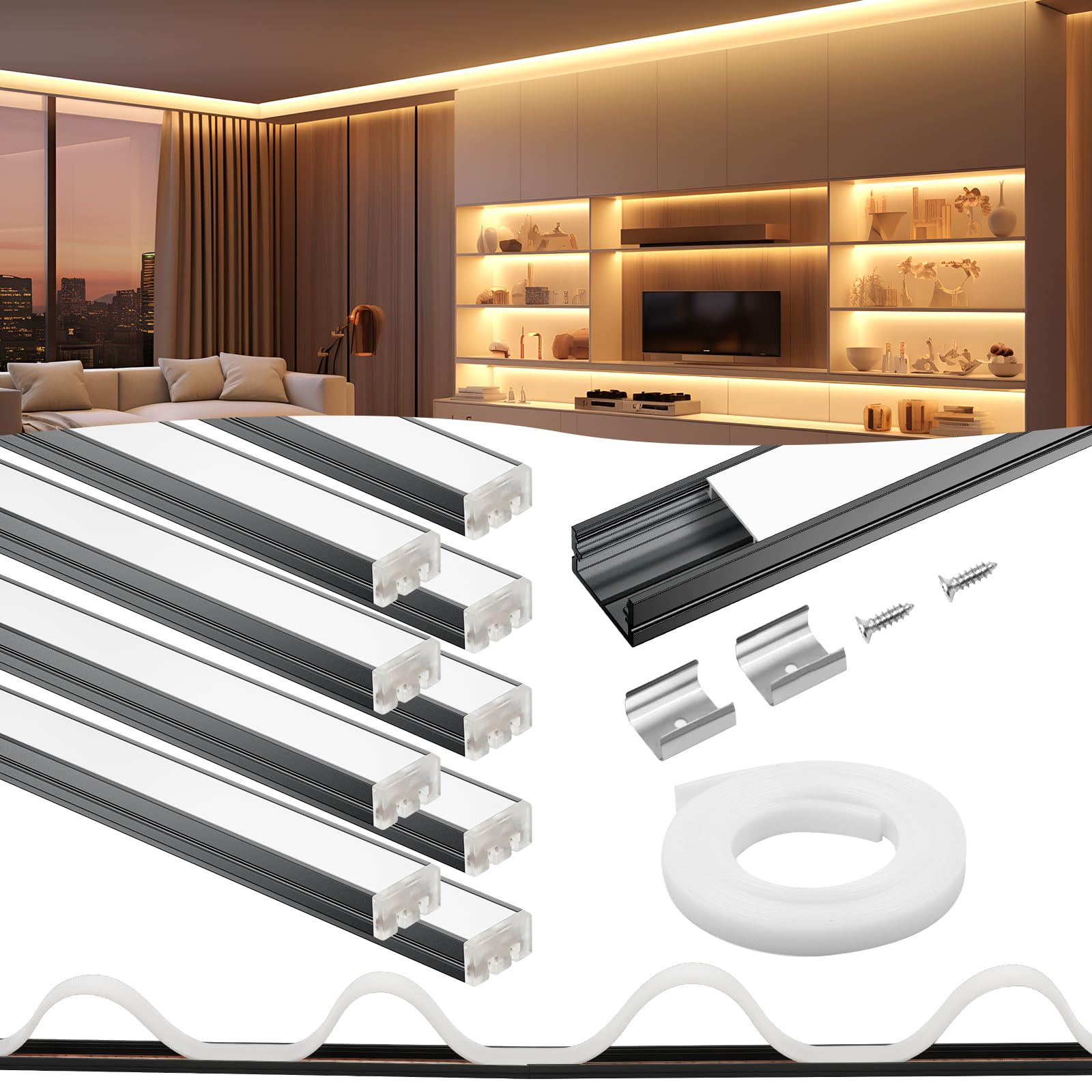 VST Black U-Shaped Aluminum Channel for LED Lights - 10 Pack 3.3FT Seamless Connection Kit with End Caps & Clips