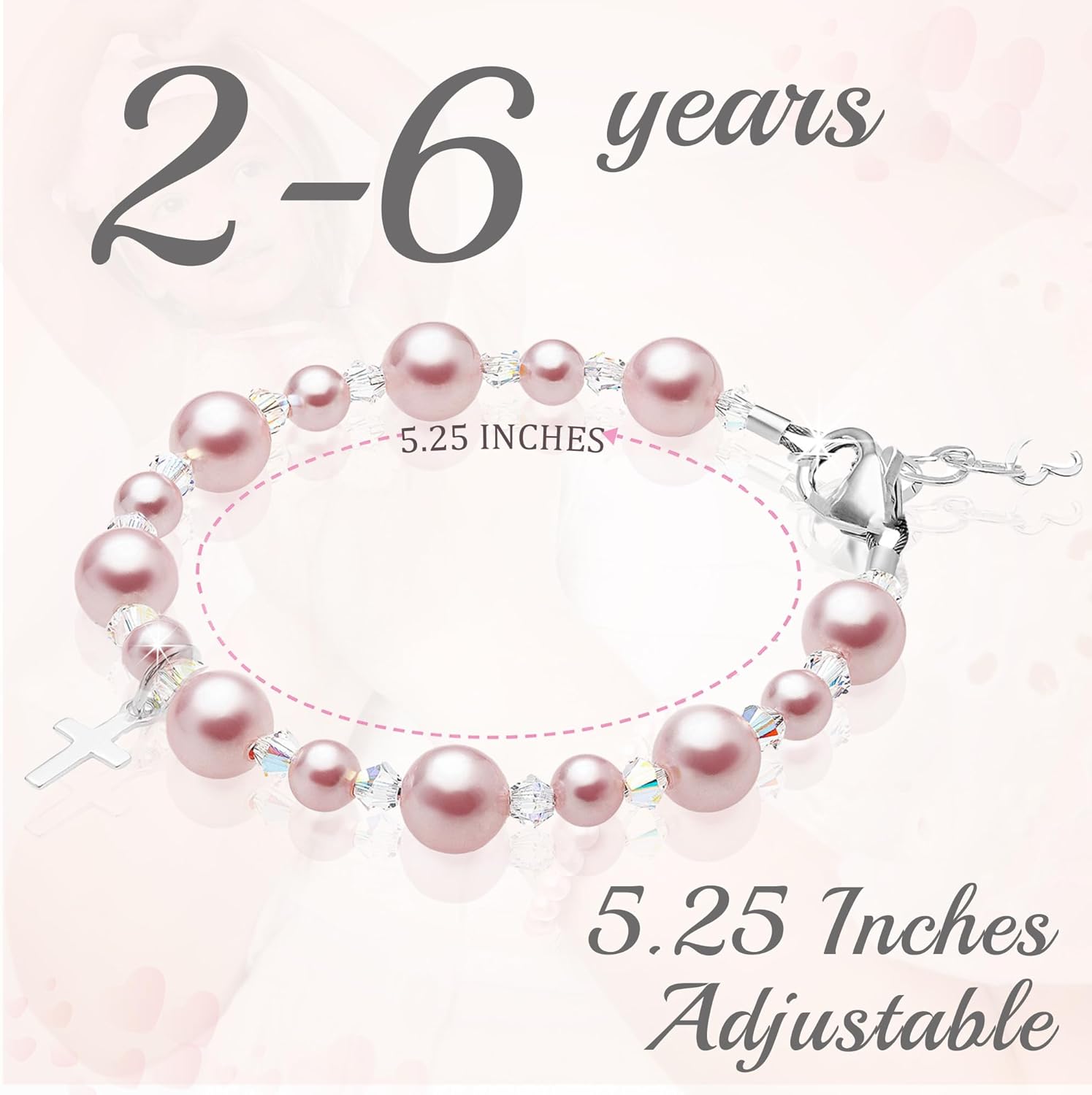Baby Crystals Sterling Silver Cross Charm Pearl Bracelets for Girls - Baptism Gifts for Girl with Rosaline, White Simulated Pearls, First Communion, Christening, Keepsake Girls Jewelry Birthday Gift - Image 2
