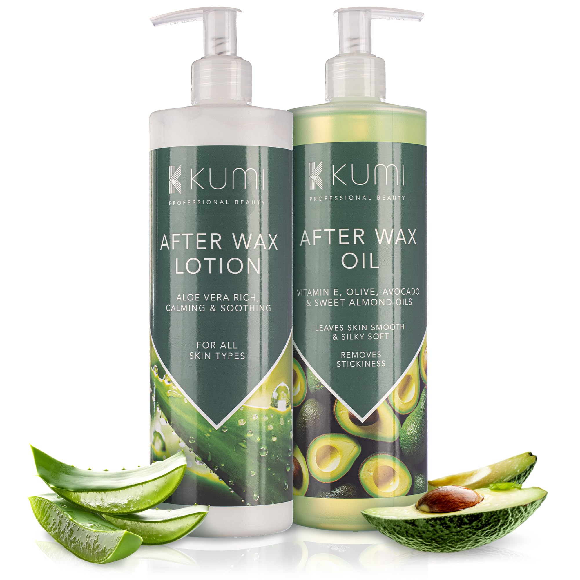 KUMI After Wax Care Duo: After Wax Oil with Sweet Almond & Avocado Oil + After Wax Lotion with Aloe Vera 500ml Each Soothes, Removes Residue, Hydrates Professional-Grade for Sensitive Skin