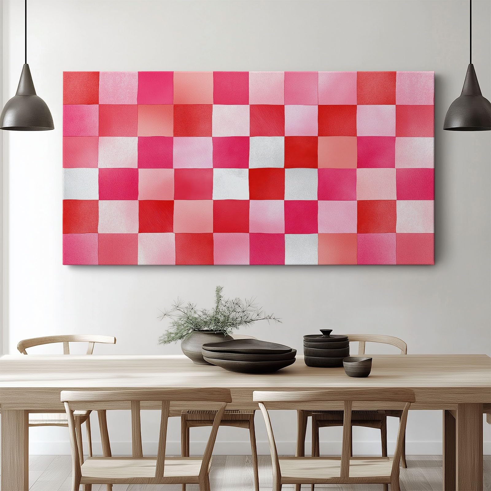 Aquarell Minimalistisch Geometrisch Karo Gerahmt Leinwand Bilder, Rosa Wandbilder Kunstdruck Wandbild Keilrahmenbild Wanddekoration für Wohnzimmer Schlafzimmer Mit Rahmen 120 x 80 cm