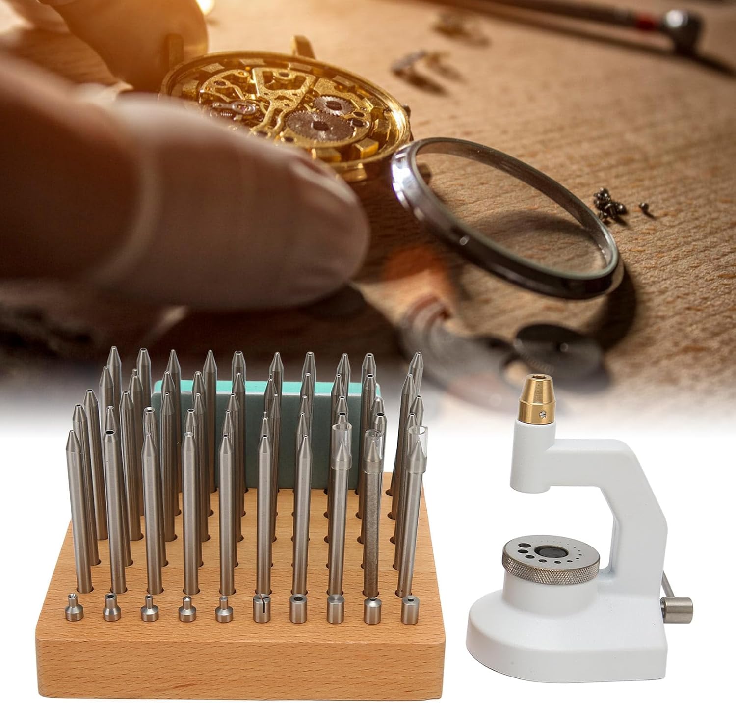 HERCHR Watchmaker Jewelling Punching Kit, Watch Repair Staking Tool Press Set with 50 Punch Pins 10 Stakes