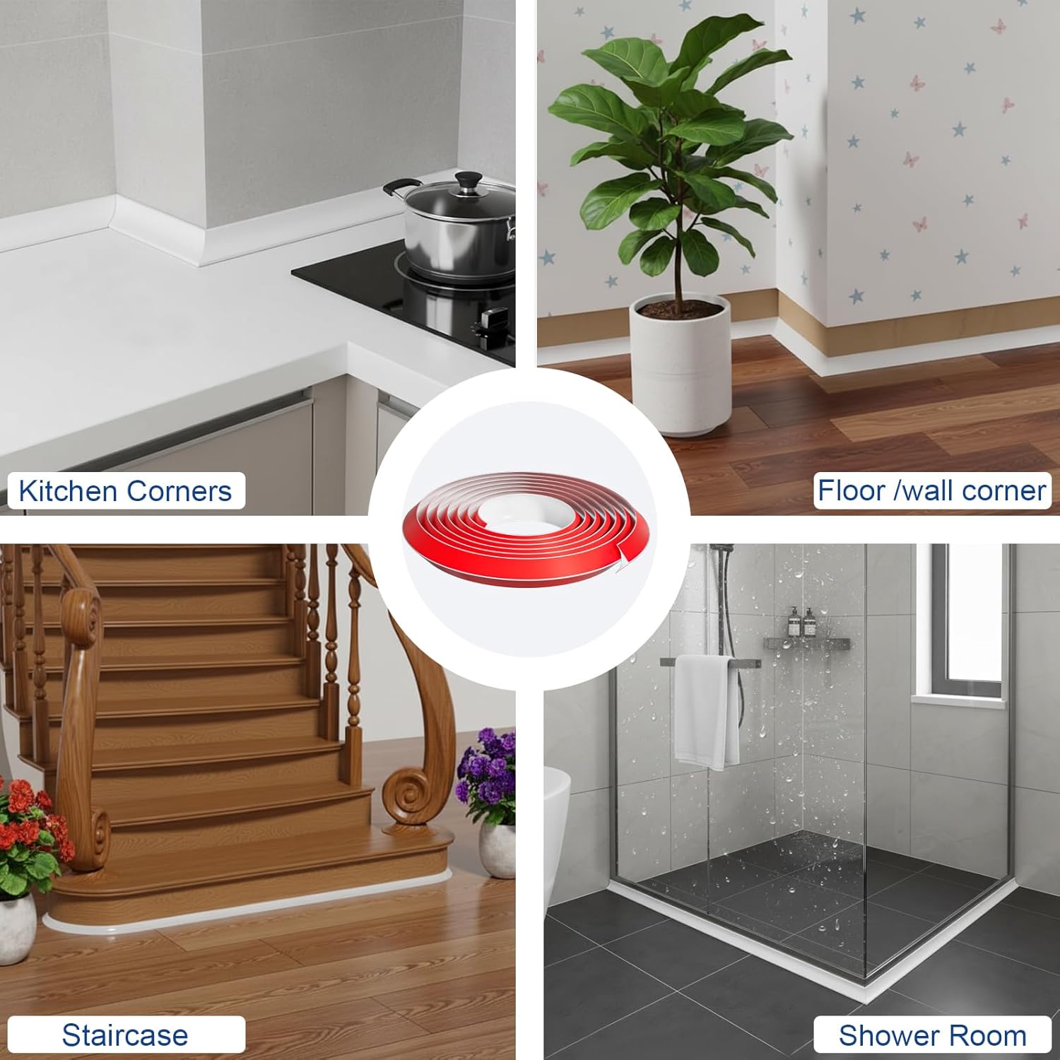 354" Flexible Quarter Round Molding Trim, Bendable Trim Molding, Peel and Stick Silicone Caulk Strip for Floor Edge, Wall Corner, Stairs, Cabinet and Tub Edge