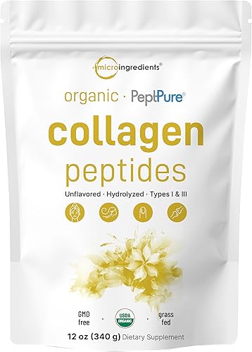 Micro Ingredients Péptidos de colágeno en polvo orgánico, 12 onzas Tipo I y III + proteína natural Fuente bovina alimentada con pasto Sin sabor