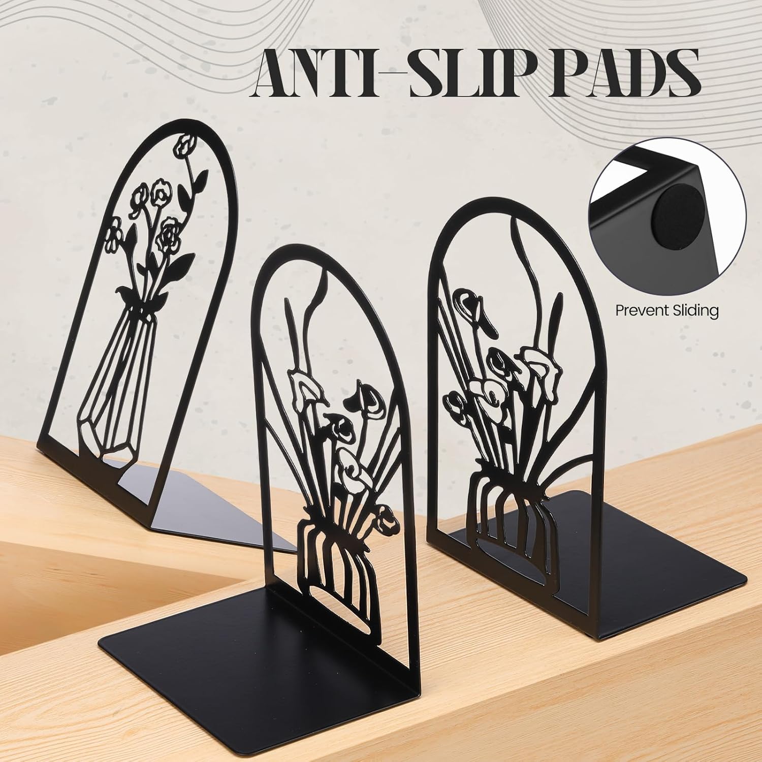 Feifeiya 6 Pairs Decorative Book Ends Metal Bookends for Shelves Black Metal Heavy Duty Book Ends Holder Supports Stoppers for Home Office School, 6.9x4.9x3.5”(Vase)