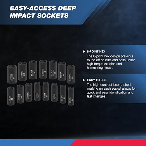 Miniatura 7 de Neiko 02476A - Juego de llaves de impacto de 12 pulgada, juego de 14 piezas de 6 puntos, juego de llaves de impacto estándar y juego de llaves de