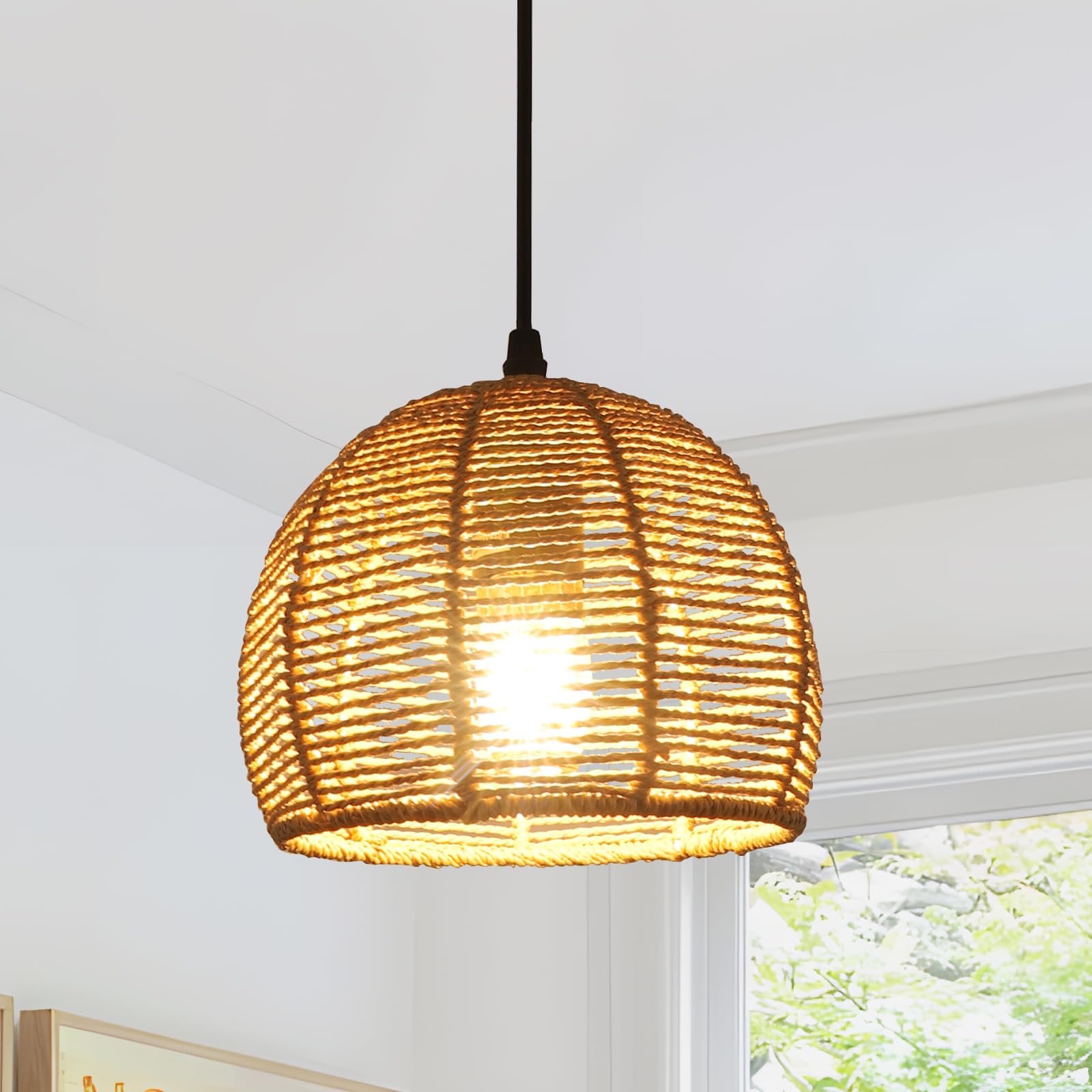Comely Lámpara Colgante de Ratán Vintage, E27 Lámpara de Techo Ratán de Estilo Boho, Iluminación Colgante Ajustable en Altura para Dormitorio, Salón, Pasillo, Restaurante