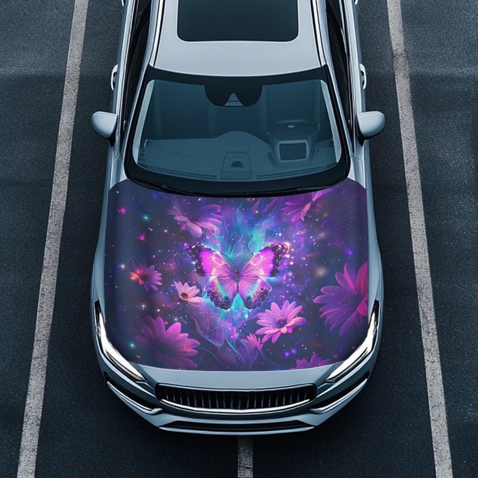 Renewold Car Hood Cover Protector, Auto Hood Wrap Blanket, Butterfly Flower, Full Exterior Covers for Hood, Indoor Outdoor Decoration for Festival Trip Celebration, Vehicle Accessories