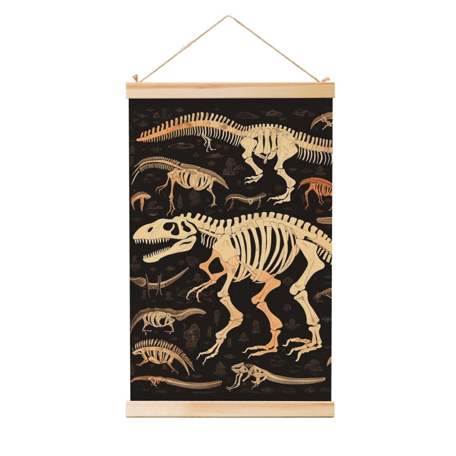 Dinosaur Skeleton Print Poster Wooden Shaft Hanging Poster Wall Hanging Banner Canvas Artwork with Wood Frames 16"x24" Modern Artwork Decor Ready to Hang Wall Art for Home Decor Scroll Painting