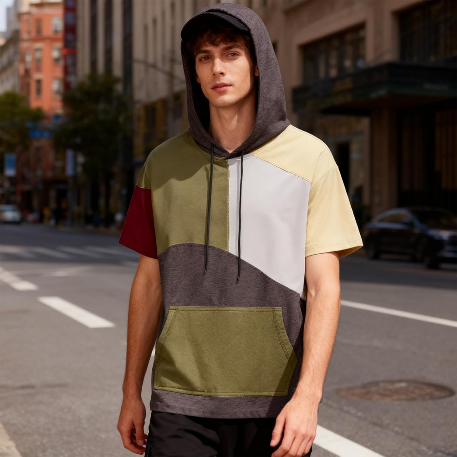 Mens Short Sleeve Hoodie Soft Cotton Color Block T-Shirt Sweatshirt Big Pocket Half Sleeve Summer Pullover - Image 6