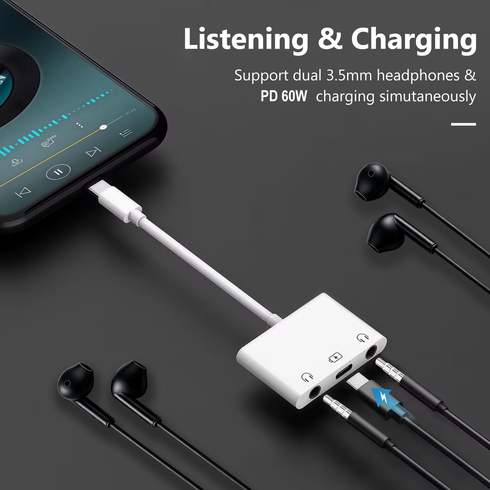 Adapter słuchawkowy USB C na podwójny 3,5 mm, adapter audio 3 w 1 USB C na 3,5 mm z szybkim ładowaniem PD 60 W, podwójny rozdzielacz słuchawek Aux na USB C, do iPhone'a 17/16/15, iPada Pro, Galaxy S26