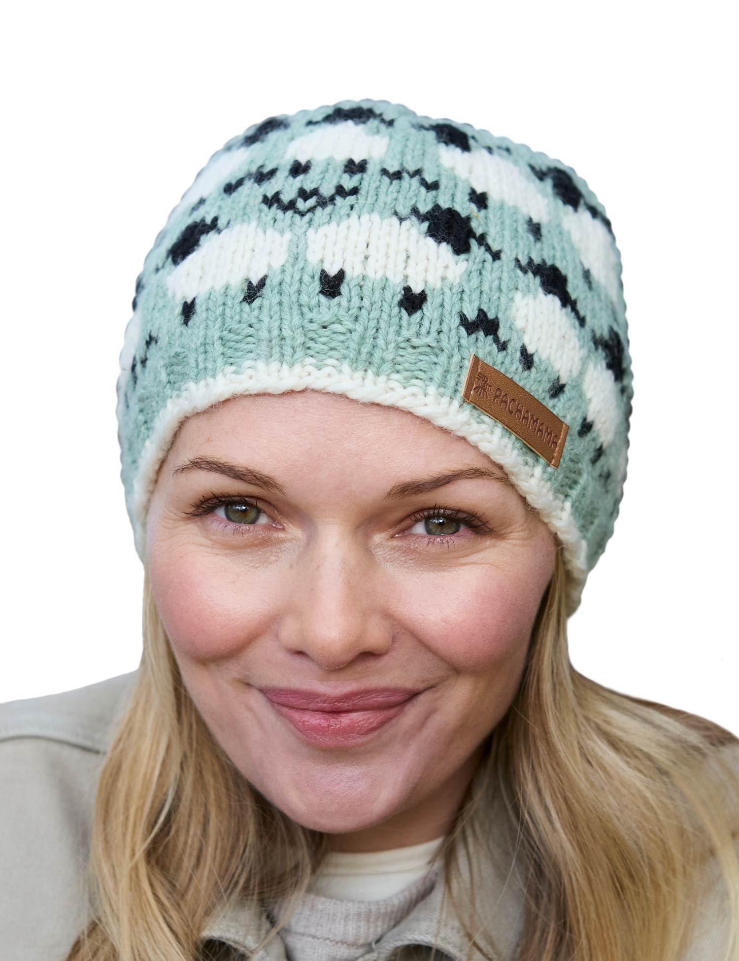 Pachamama Women 100% Pure Fine Merino Wool Beanie Hat Handknitted Sheep Flock Design One-Size Handmade Soft Warm Breathable Moisture Wicking Fair Trade (UK, Alpha, One Size, Green)