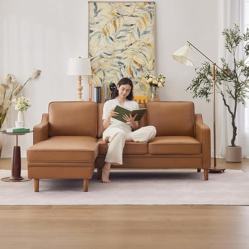 Miniatura 11 de Kingfun Sofá de piel sintética de 80 pulgadas, sofá de 3 plazas, sofás modernos de mediados de siglo con patas de madera maciza para sala de estar y