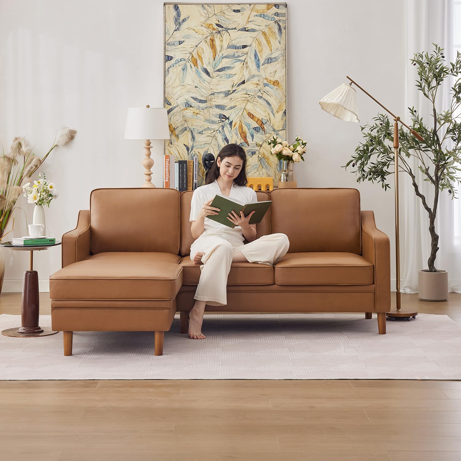 Kingfun 88" L-Shape Sofa, Faux Leather Sectional Couch, Mid Century Modern Couches with Solid Wood Frame for Living Room Bedroom