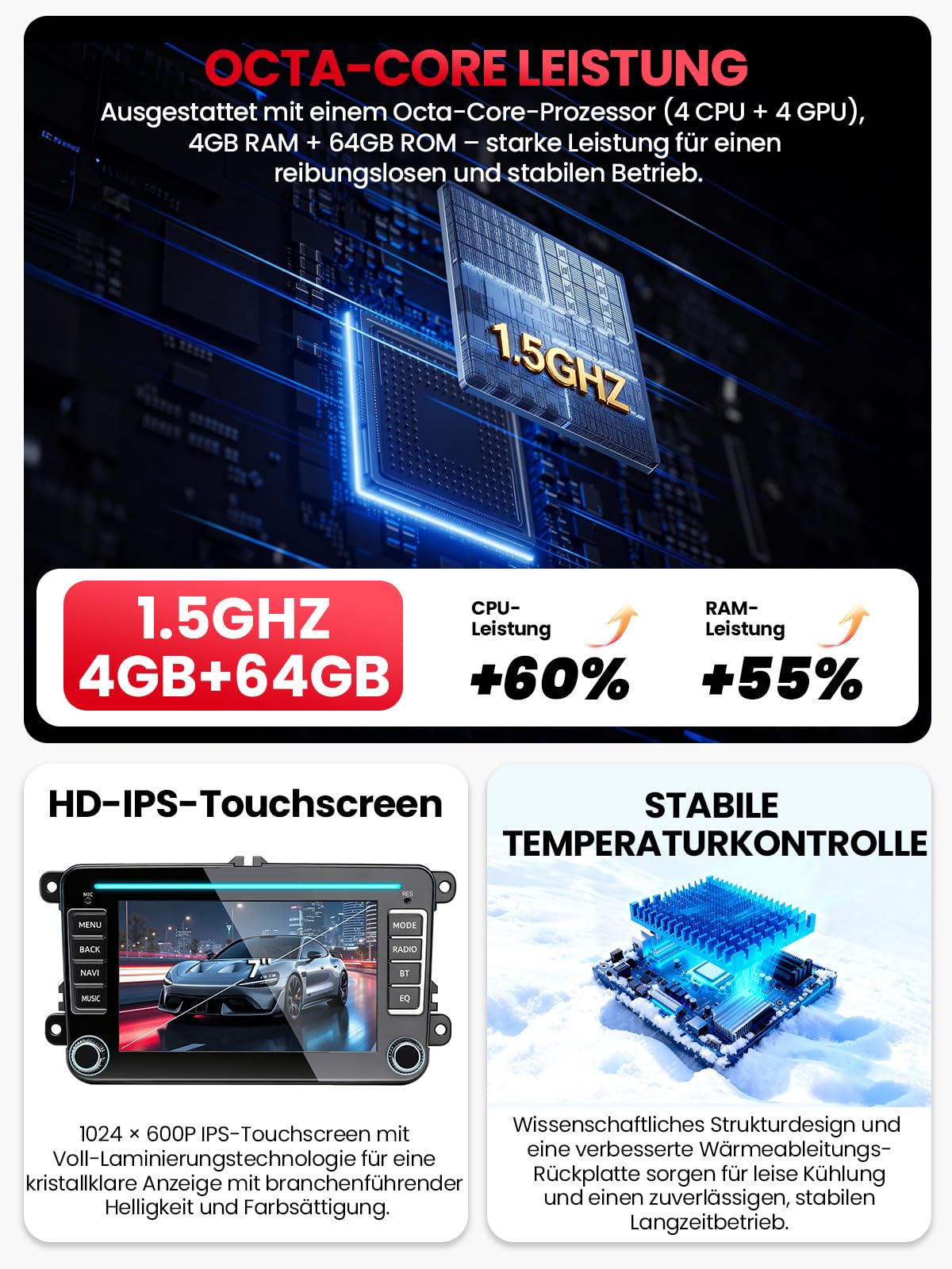 Doppel DIN Bluetooth Autoradio mit Bildschirm für VW Golf 5 6 T5 Polo 6R Caddy Passat Touran, Skoda, SEAT, Wireless CarPlay Android Auto Mirrorlink, 7" Auto Radio, 4+64GB, WLAN DAB+ FM GPS