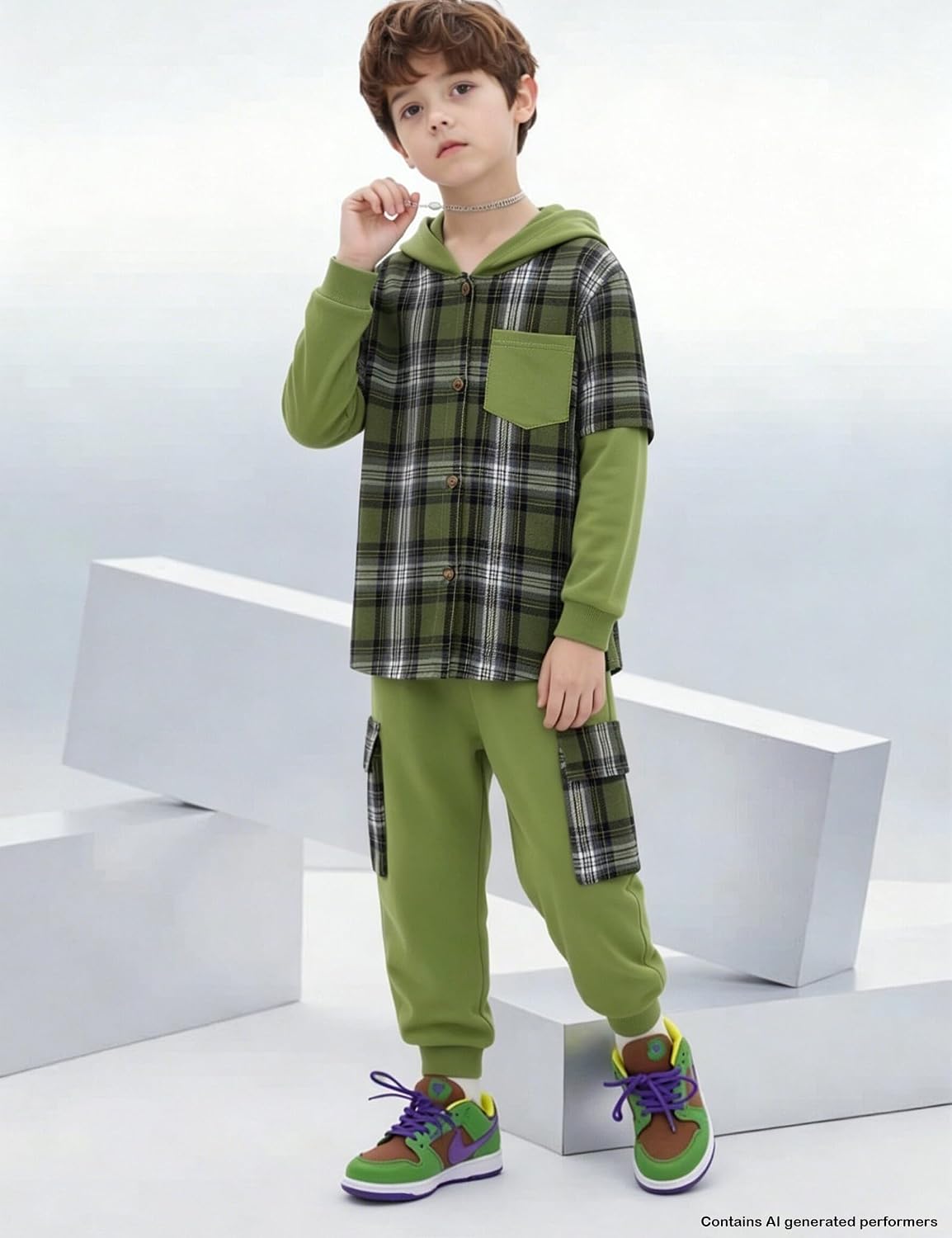 Kids Boys Plaid Hoodie Shirt Jogger Pants 2 Piece Casual Outfit Set image 5
