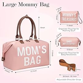 printe Mommy Diaper Bag Tote for Girls with 2 Organizer Pouches, Large Capacity Mom\'s Bag for Hospital and Weekender Travel, Pink
