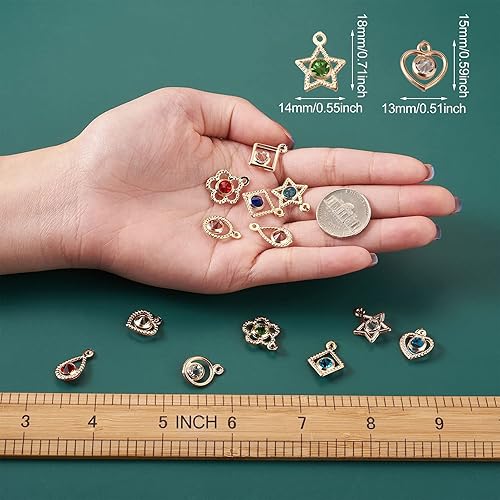Miniatura 3 de Cheriswelry Colgantes de corazón de aleación de oro claro con diamantes de imitación, colgantes de cristal brillante, cuentas de flores para aretes,