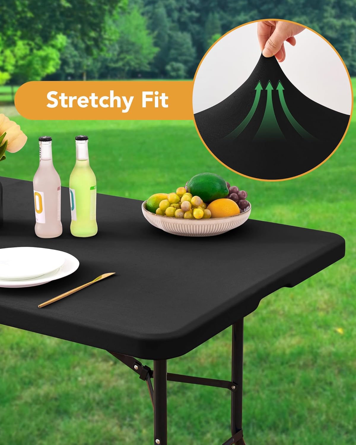 KeyWave Fitted Tablecloth Rectangle Table Cloths - 6 Pack 8 Foot Elastic Stretch Folding Table Top Cover Water-Resistant Reusable for Outdoor Picnic Camping Party Event, Black, 96" L x 30" W
