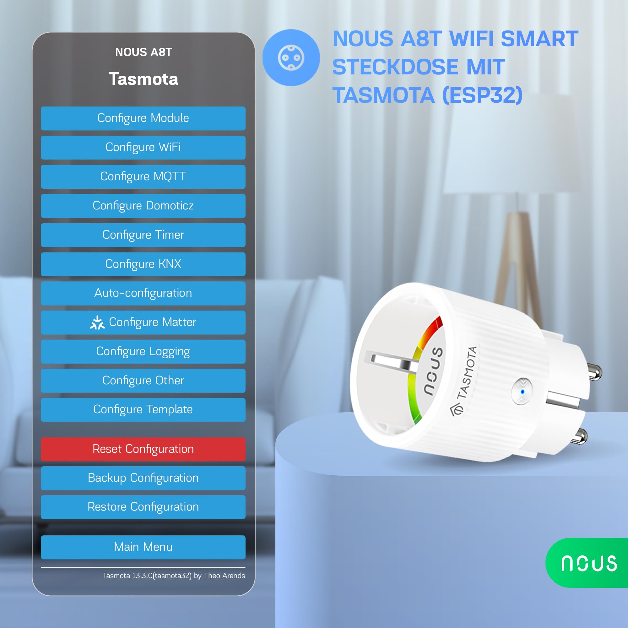 Tasmota Steckdose NOUS A8T, Kleinste Wlan ESP32 smart plug, 10A mini wifi steckdosen mit stromverbrauch stromzähler, zeitschaltuhr, Kompatibel mit Matter, Alexa, Google Home Assistant, MQTT, 2.4G