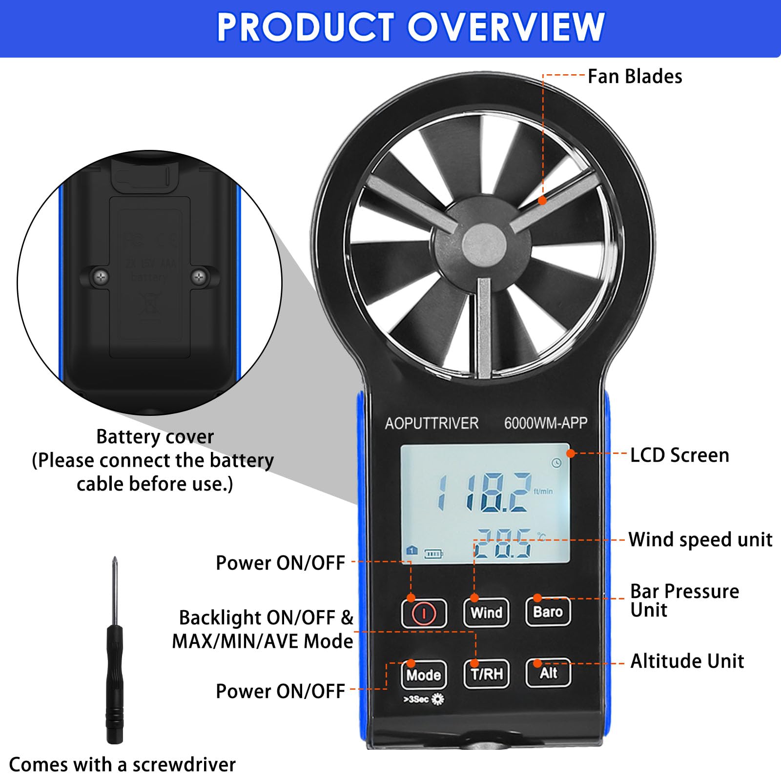 6000WM-APP - Anemometro digitale portatile, anemometro CFM, con temperatura (°C/°F), 5 unità, velocità del vento, volume d'aria e misurazione della temperatura per HVAC, Marine