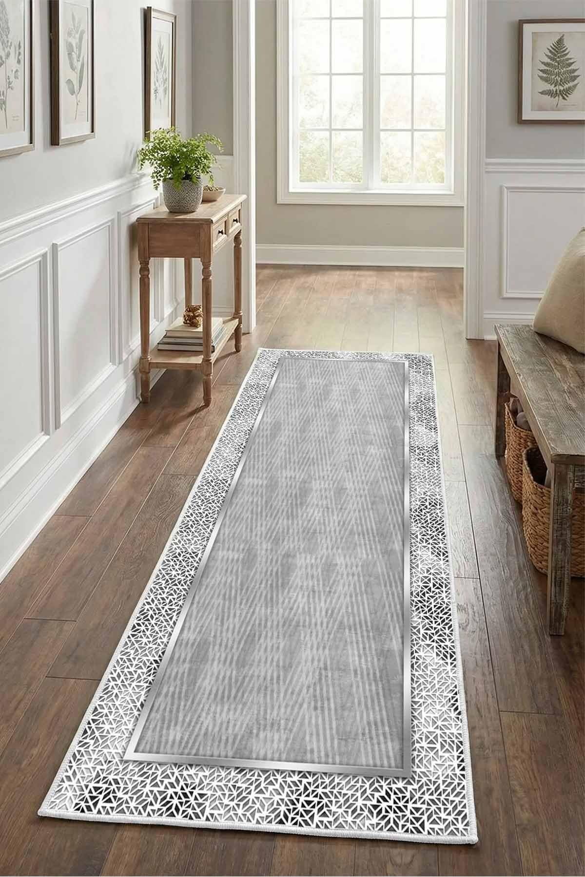 Monnhein Gri Yolluk 1200 - Yıkanabilir, Kaymaz Taban, Dijital Baskılı, Leke Tutmaz, İnce Hav, Modern Koridor, Mutfak, Antre ve Salon için Dekoratif Yolluk