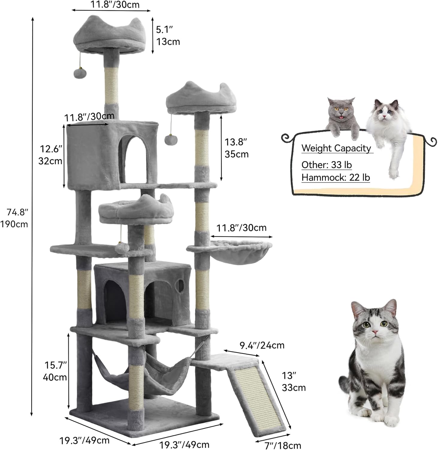 review YITAHOME Cat Tree Tower for Indoor Cats, 75 inches Tall Multi-Level Cat Climbing Tower with Cat Condos, Cozy Plush Perches, Hammocks, Scratching Posts Board, Large Cat Activity Center, Light Gray