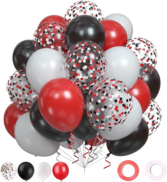 Black Red and White Balloons Pack of 60, 12 Inches Black White Red Latex Balloons with Black Red White Confetti Balloons and Ribbons for Birthday Weddings Anniversaries Carnival Graduation Decorations