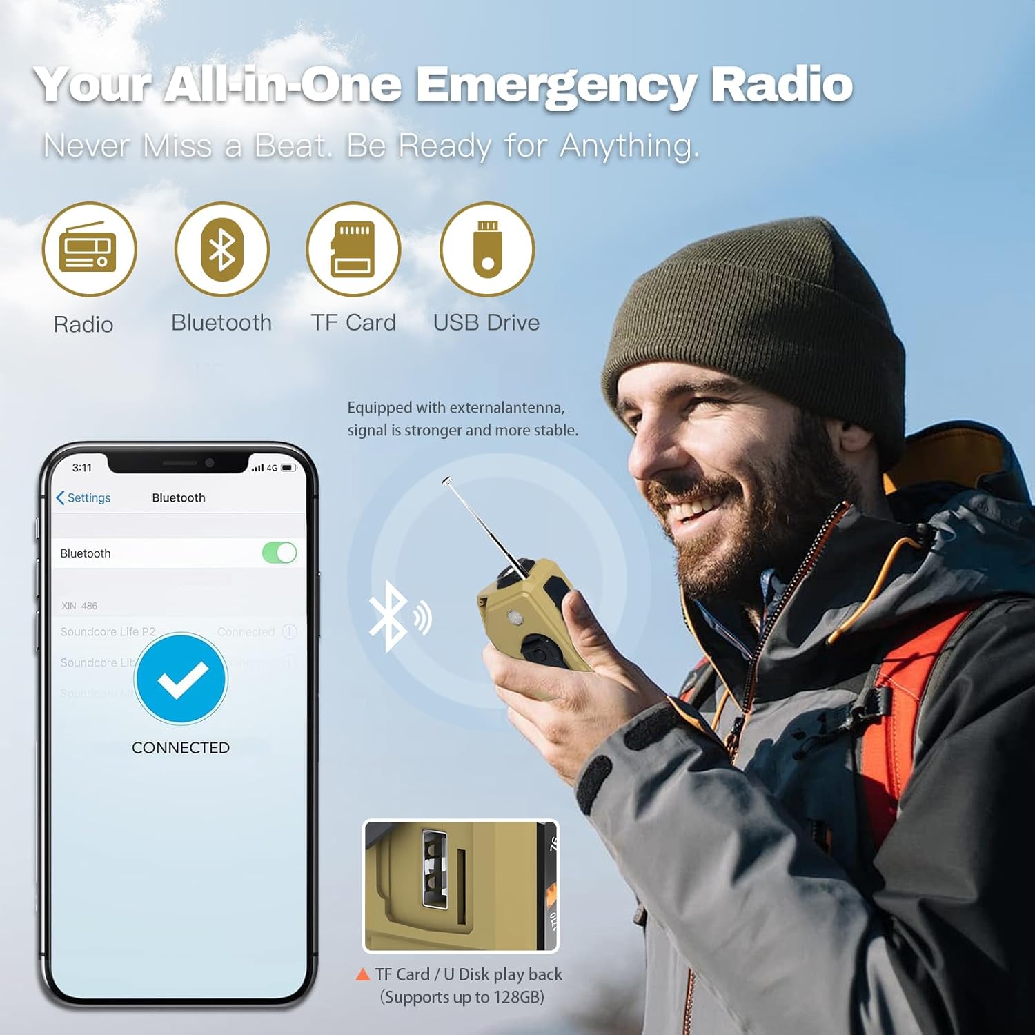 Gemmac Portable Emergency Radio with Bluetooth, TF Card, and USB Drive connectivity.