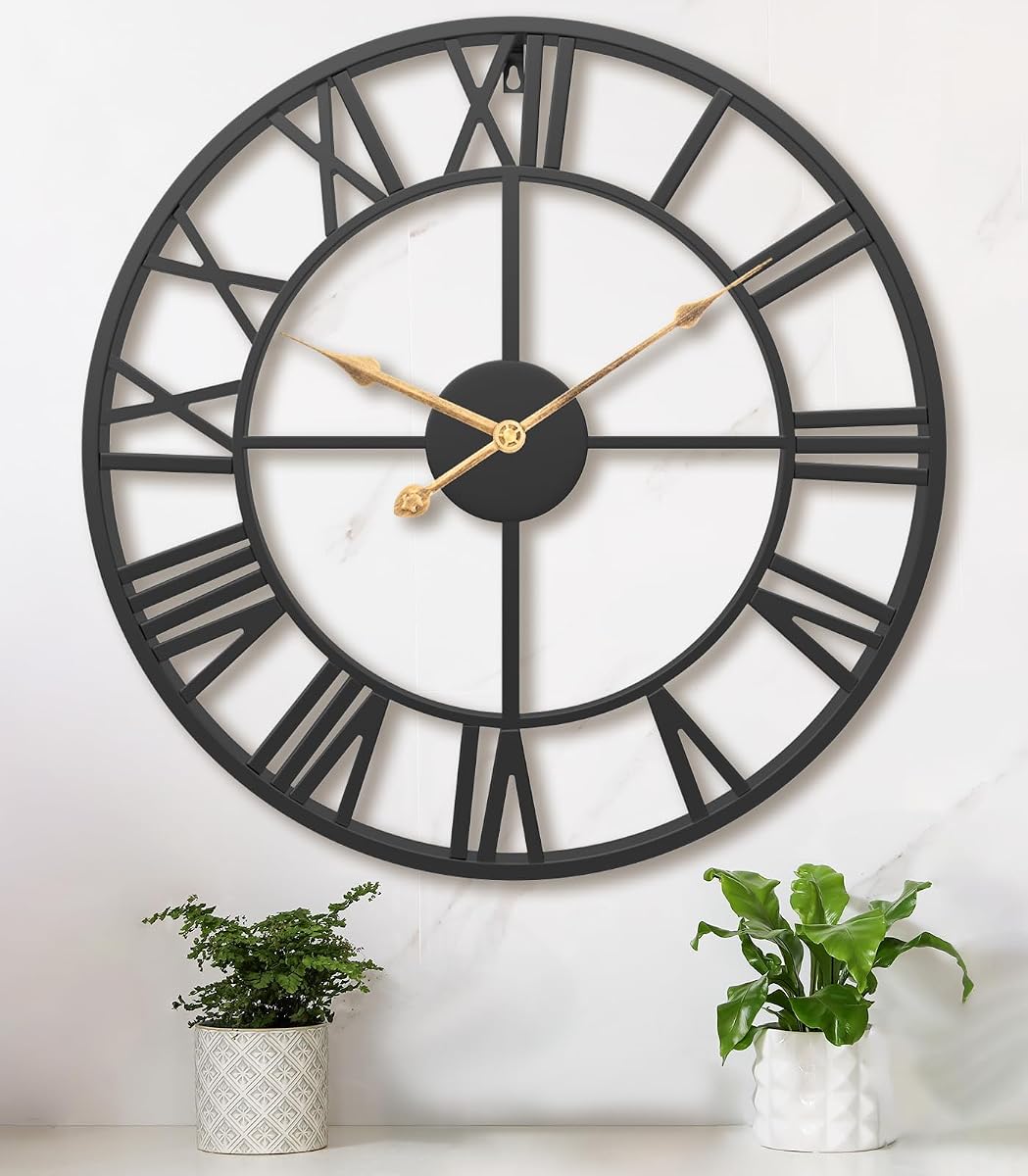 Pytha Sight 30 Inch Black Large Roman Numeral Wall Clocks for Living Room | 30 Inch Extra Giant Oversized Modern Decorative Metal Industrial Wall Clock for Dining Room,Office,Fireplace,Entrance Decor