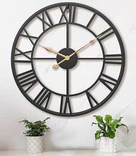 Pytha Sight 30 Inch Oversized Silent Roman Numeral Wall Clock - Vintage Industrial Black Metal Farmhouse Decor for Living Room, Kitchen, Bedroom