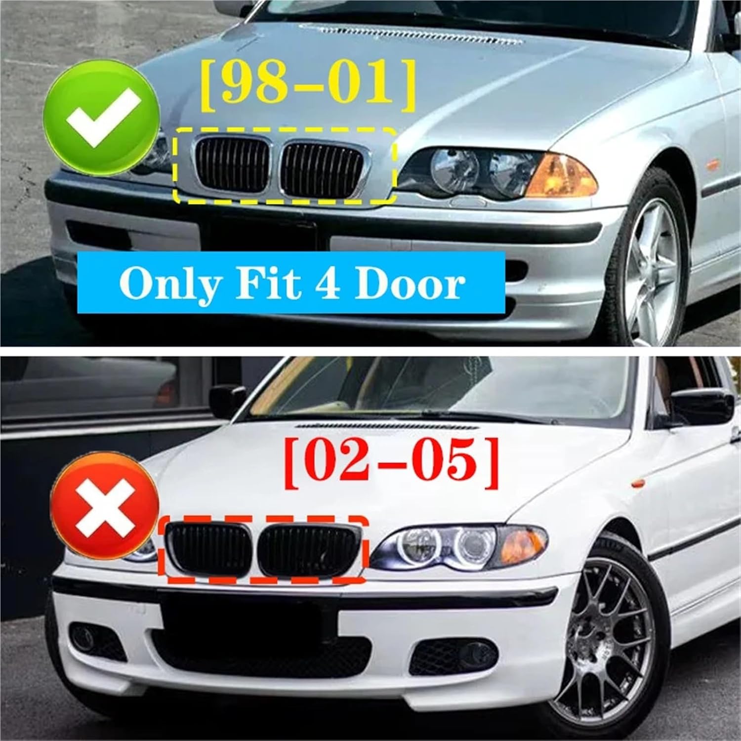 Car Front Bumper Kidney Grill GrilleRacing Grills Gloss Black Grilles Compatible with BMW 3 Series E46 4-Door 4D 4DR 1998-2001 Accessories