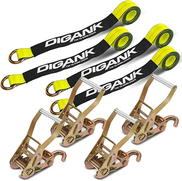 Car Tie Down Straps (4PK) with J Finger Hook Lasso Ratchet Strap 2 Inch x 96 Inch- for Any Car, SUV, Jeep or Sports Car