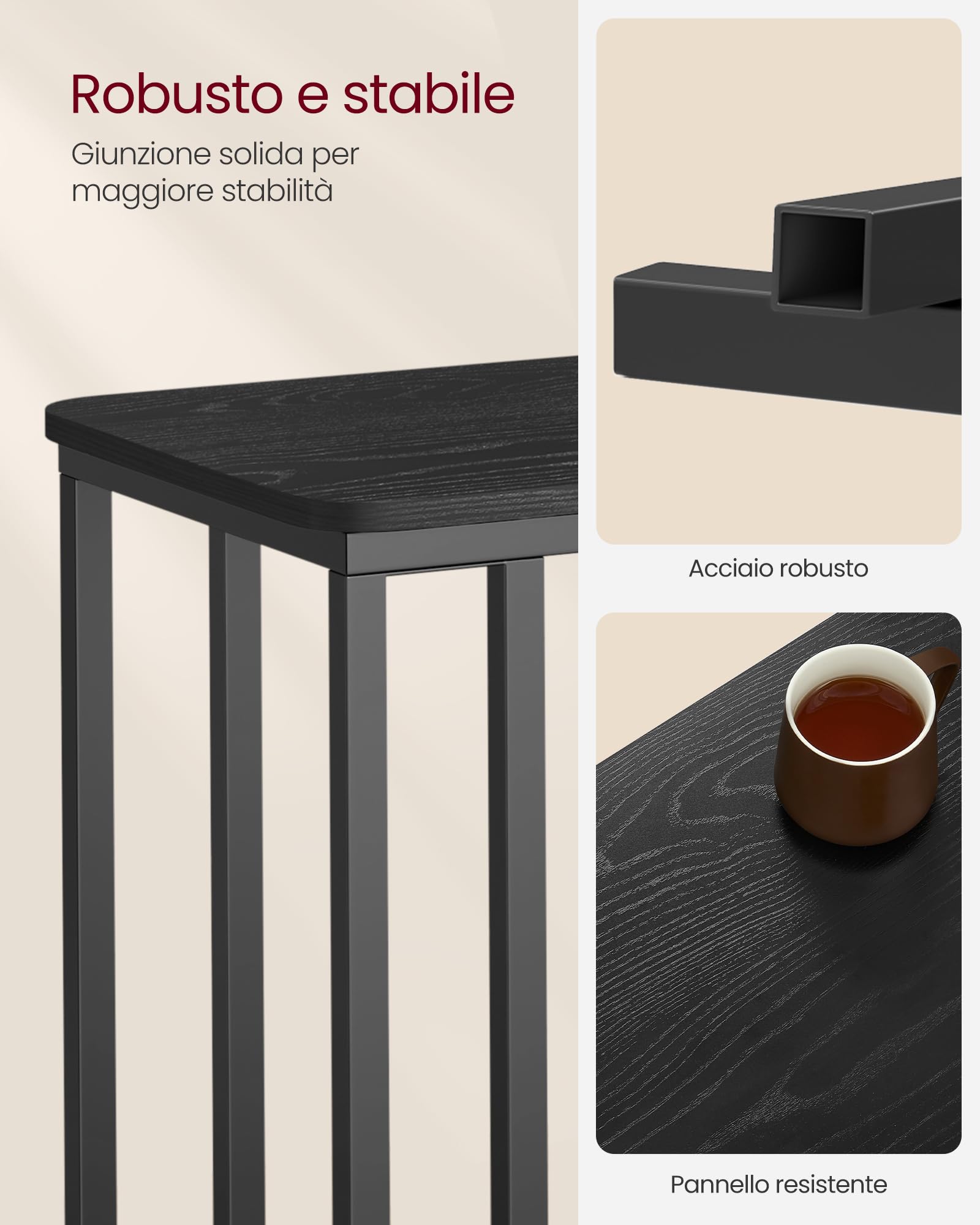 VASAGLE Tavolino da Letto con Ruote, Tavolino Mobile da Salotto, Comodino, Carrello, Soggiorno Camera da Letto, Struttura in Acciaio, Montaggio Facile, Nero Ebano LNT050B56