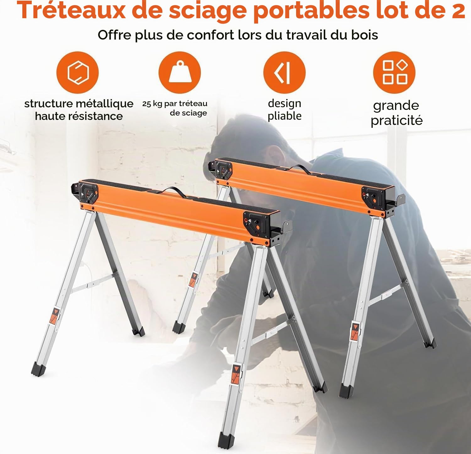 FANTASK Lot de 2 tréteaux de sciage pliables - Tréteaux de travail portables - En métal robuste - Pour le travail du bois - Avec poignée - Charge maximale : 500 kg