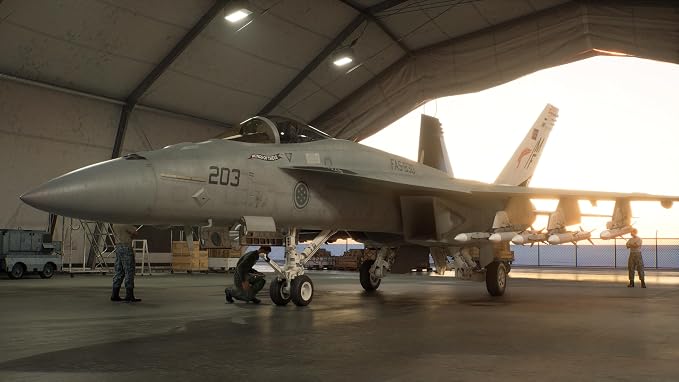 Cena de hangar mostrando um aviao de caca modelo 203 sendo preparado por equipe tecnica ao por do sol