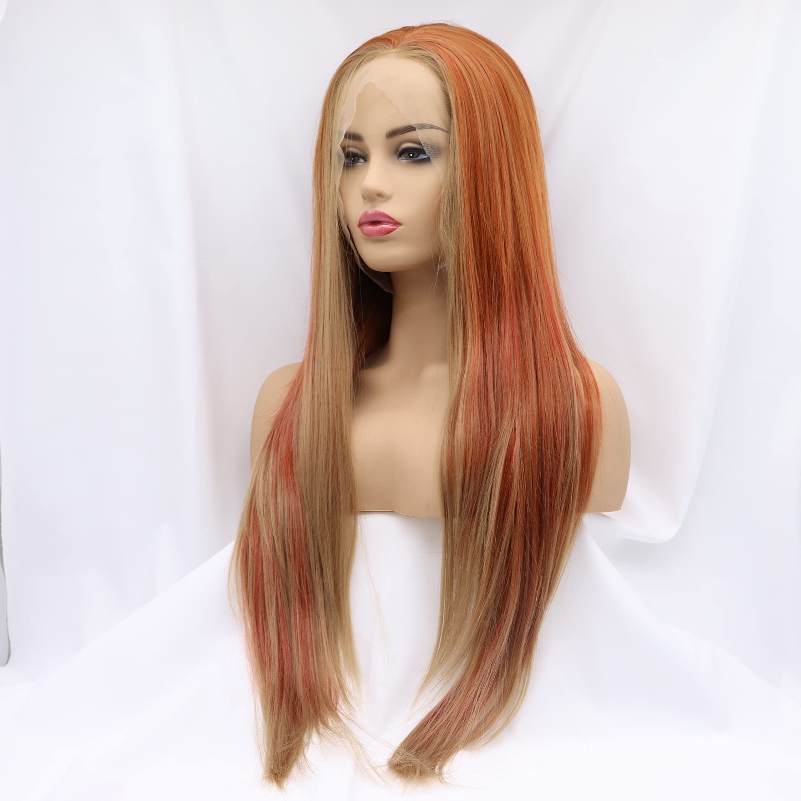Xiweiya 13x3 Lace Wigs Ginger Orange Ombre Blonde Brown Hair Tips Long Wavy Synthetic Lace Front Wig Natural Hairline Wig for Fashion Women Wear Heat Resistant Fiber Halloween Cosplay Wigs - Image 4