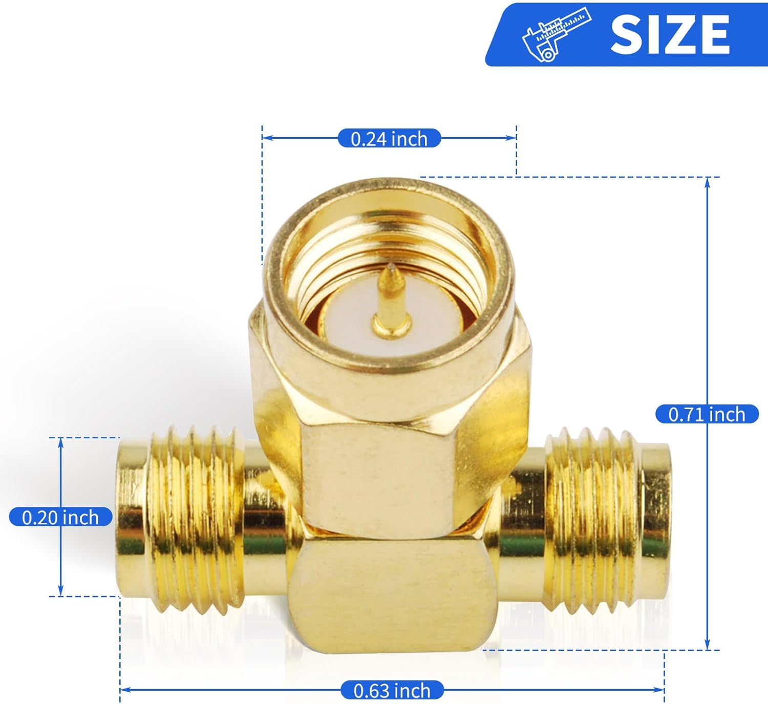 Diagram showing dimensions of the SMA splitter: 0.24 inch, 0.71 inch, 0.20 inch, 0.63 inch