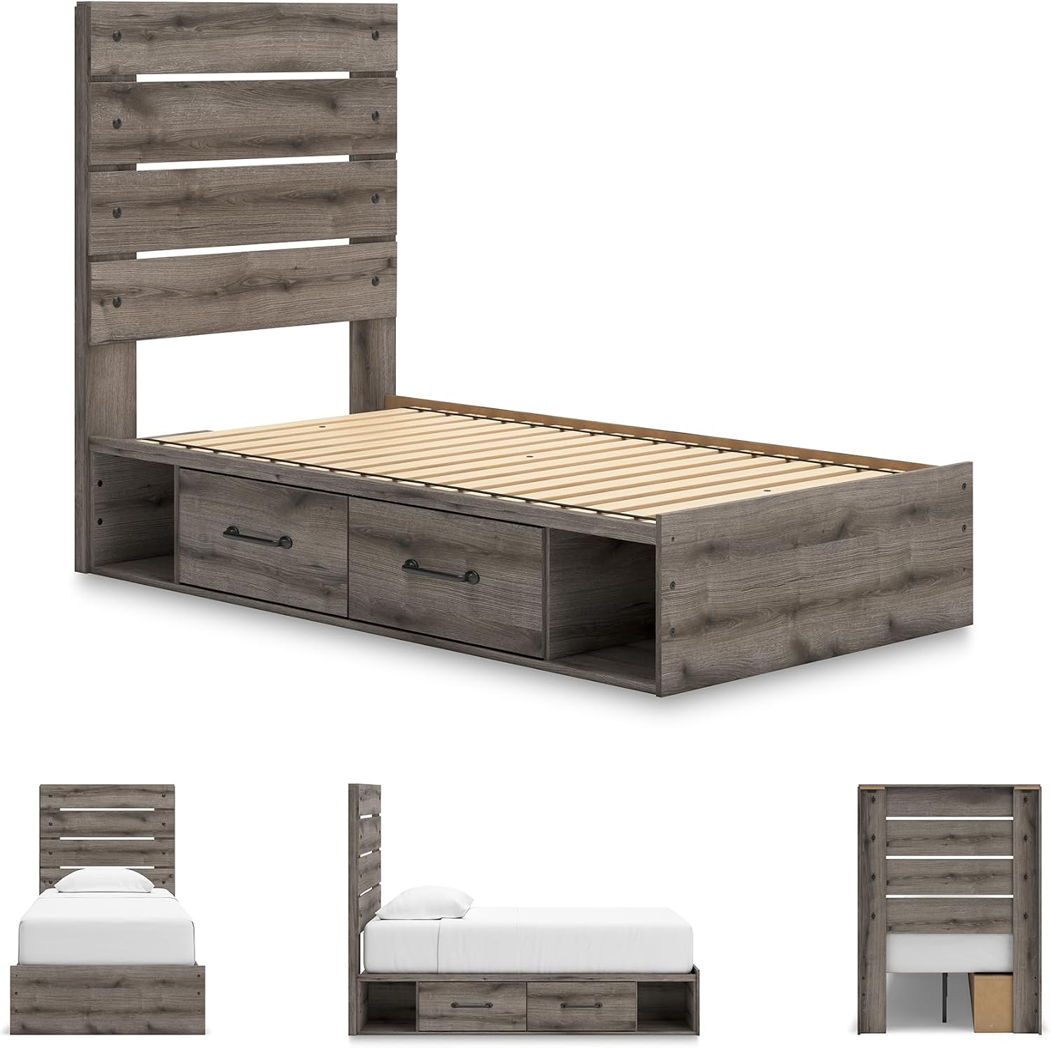 Signature Design by Ashley Fondenlane Twin Bed with Storage, Gray | Twin platform bed with storage, 2 smooth-gliding drawers and open cubbies, Engineered wood and decorative laminate