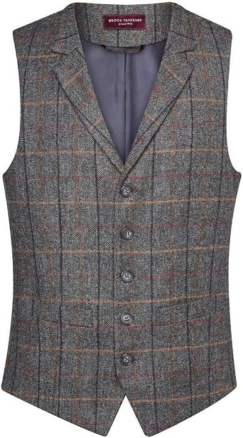 Brook Taverner Mens Memphis Waistcoat M Gray Brown Check